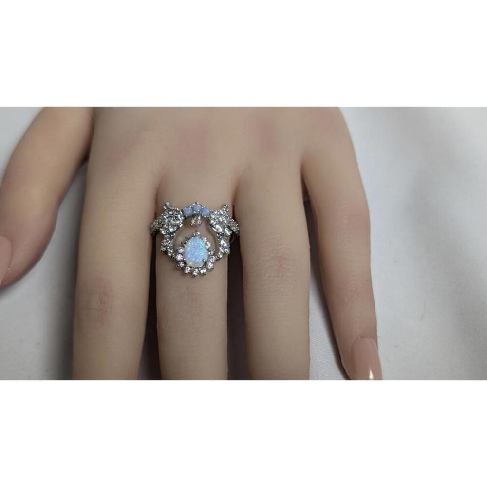 Elegant Opal and Crystal Silver Ring Size 9